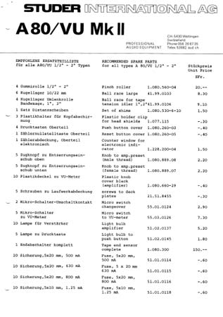 STUDER A80 VU MKIII – Ersatzteile und Preise (DE / EN)